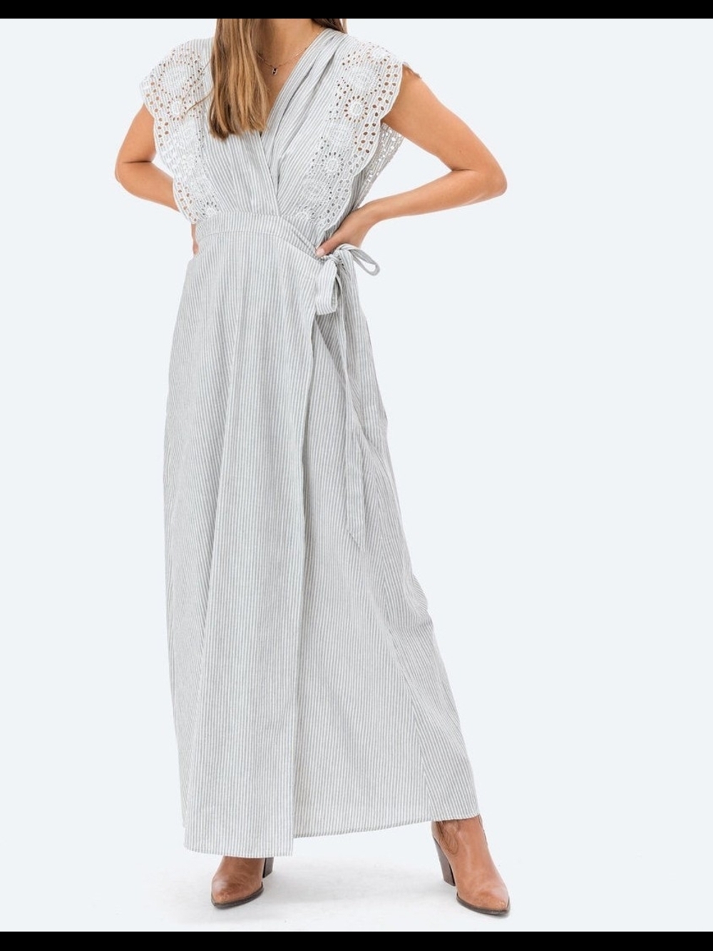lovestitch Anna Gray and White Striped Wrap Dress Eyelit Wing Sleeve Size M NWT